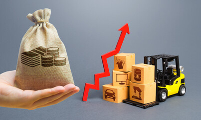 Money bag, forklift with boxes and red arrow up. Growth of performance production of goods. Import export, economic recovery trading. High demand, price. Overproduction. Economic development