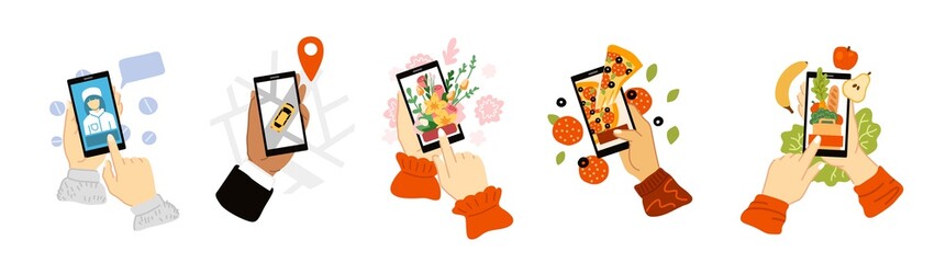 Various hands holding smartphones. People using different online delivery services, ordering grocery products, pizza, taxi, flowers through mobile phone. Trendy colorful hand-drawn illustrations.