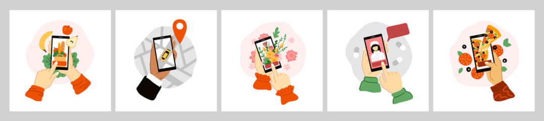 Set of hands holding smartphones, ordering food, grocery, flowers, gifts, pizza, taxi, medicines, medical care. Online delivery concept. Stylized hand-drawn vector illustrations.
