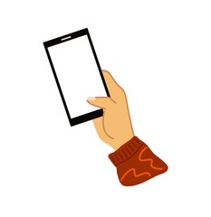 Hand holding smartphone with blank empty screen. Vector template.