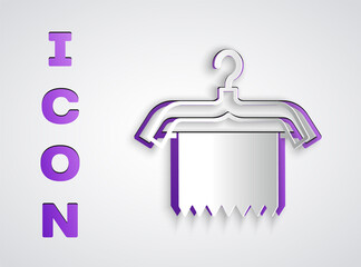 Paper cut Hanger wardrobe icon isolated on grey background. Clean towel sign. Cloakroom icon. Clothes service symbol. Laundry hanger. Paper art style. Vector