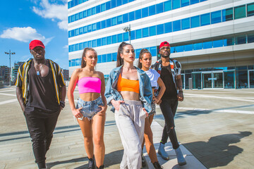 Hip hop crew dancing outdoors