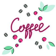 Vector simple coffee lettering with illustrations of coffee beans, berry, leafs 
