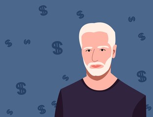 man stands on blue background dollars, wealth illustration
