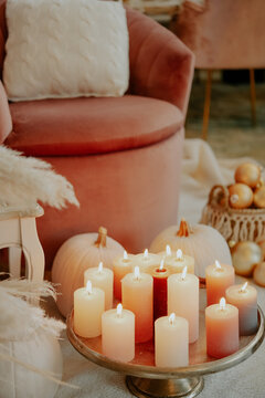 Italy, Tuscany, Arezzo, Lit candles on tray