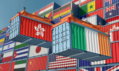 Freight containers with Hong Kong and Ireland national flags. 3D Rendering 