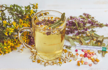 Cup of Healthy Herbal Tea with Dried Chamomile Flowers , Thyme, Thermometer and Pills