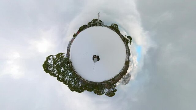 360-degree, little planet of snowing winter park. P.O.V shot.
