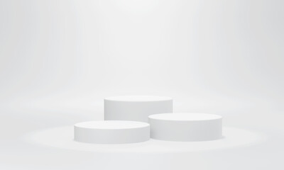 the pedestal on white background with cylinder stand concept. Blank product shelf standing backdrop. 3D illustration.