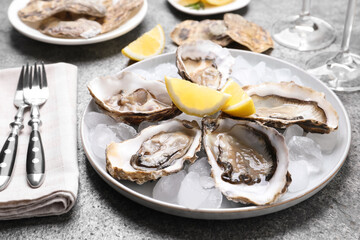 Fresh oysters with lemon and ice on grey table, closeup