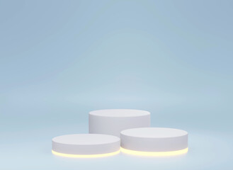 The pedestal on sky background with cylinder stand concept, stand backdrop, an empty shelf 3d illustration.