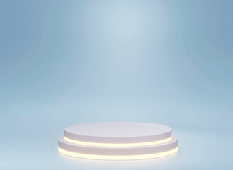 The pedestal on sky background with cylinder stand concept, stand backdrop, an empty shelf 3d illustration.