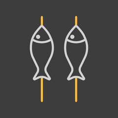 Fish roast on the barbecue grill icon on dark