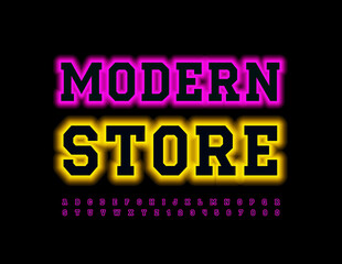 Vector trendy banner Modern Store. Bright Violet Font. Glowing Alphabet Letters and Numbers set