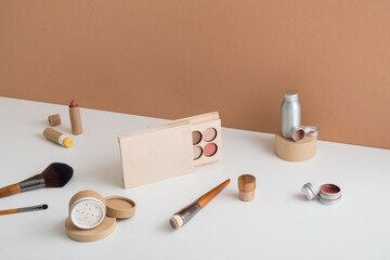 zero waste make up set in minimalistic style on pastel background