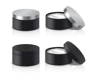 3d realistic vector collection of black cosmetic jars. Isolated on white background.