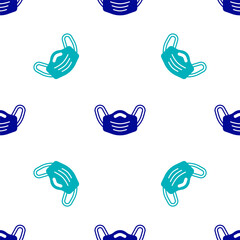 Blue Medical protective mask icon isolated seamless pattern on white background. Vector