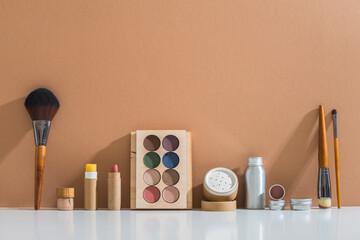 zero waste make up set in minimalistic style on pastel background - obrazy, fototapety, plakaty