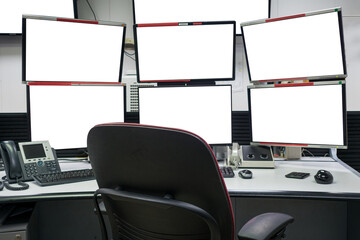 group of blank monitors and screen on security desk or control room for monitor process or stock data trading.