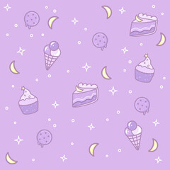 Cute pattern with cakes, cookies, cupcakes and ice cream on a purple background.
