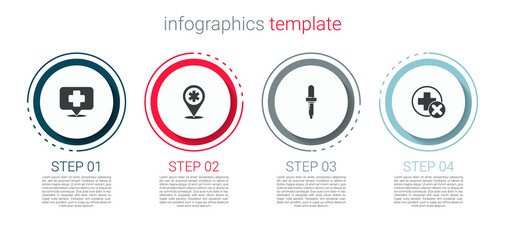 Set Map pointer with cross hospital, , Pipette and Cross medical. Business infographic template. Vector