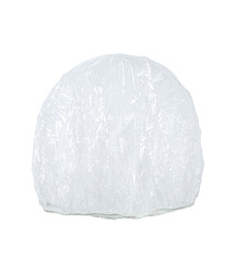 Transparent shower cap on white background, top view