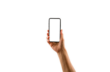 Closeup shot of a woman typing on mobile phone isolated on white background.. Girl's hand holding a modern smartphone and pointing with figer. Blank screen to put it on your own webpage or message.