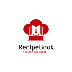 Recipe book icon with fork and chef hat in simple negative space style logo