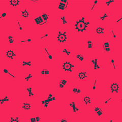 Set Sugar stick packets, French press, Spoon and Medal for coffee on seamless pattern. Vector