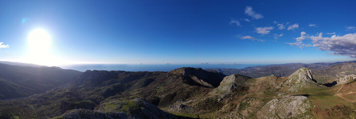 180 degrees virtual reality panorama of the Rocche del Crasto, a mountainous and rocky complex where golden eagle nests, Nebrodi, Sicily, Italy.