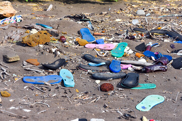 many trash on the beach. environmental pollution concept.