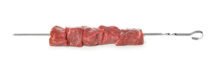 Metal skewer with raw meat on white background