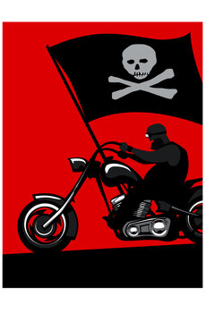 Harley Davidson. Hells Angels. A true biker. True freedom. Hard man on a stylish motorcycle with a black flag. Vector image for illustrations.