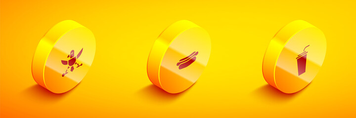 Set Isometric Eagle, Hotdog sandwich and Paper glass with straw icon. Vector