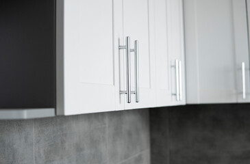 Modern minimalism style kitchen interior in monochrome tones. Custom kitchen with grey white...