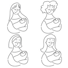 Line art style set of Women. Isolated woman and baby shapes on white background. Happy maternity concept for Mother's Day