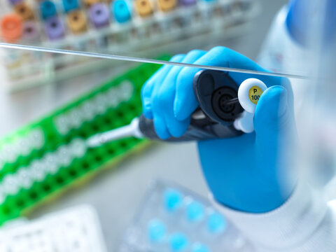 UK, Buckinghamshire, High Wycombe, Scientist holding pipette