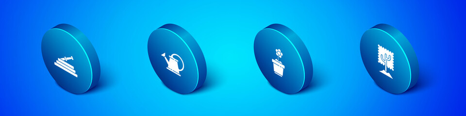 Set Isometric Garden hose or fire hose, Flower in pot, Tree and Watering can icon. Vector