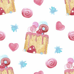 Watercolor seamless pattern with cakes.  Hand painted background for design, background, wallpaper, textures, decor.