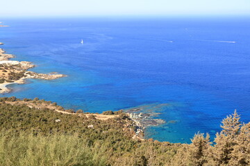 View from above to the Cyprus island sea coast with blue lagoon. Akamas cape landscape
