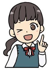 ウィンクしてアドバイスをする女子学生のバストアップ