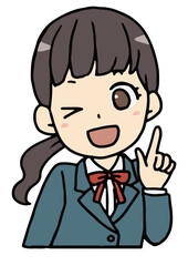 ウィンクしてアドバイスをする女子学生のバストアップ