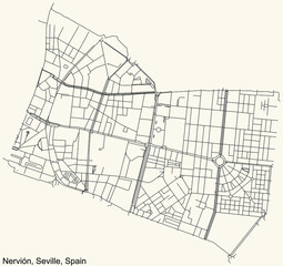 Black simple detailed street roads map on vintage beige background of the quarter Nervión district of Seville, Spain