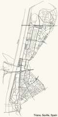 Black simple detailed street roads map on vintage beige background of the quarter Triana district of Seville, Spain