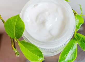 Ecologic concept. Hand made cream in glass boutle with green leaves. Zero waste products for personal care