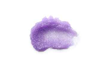 Smear of purple body scrub isolated on white, top view