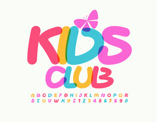 Vector creative banner Kids Club with Decorative Butterfly. Bright artistic Font. Colorful Alphabet Letters and Numbers set