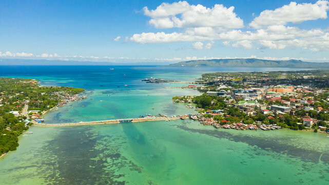 Bridge over the sea between Bohol island and Panglao with traffic and cars.Dauis bridge view from above. Bohol,Philippines.