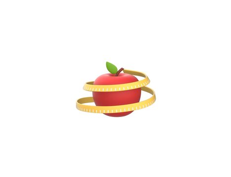 Red apple with measure tape or meter. 3D render model isolated white background.