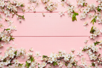 Obraz na płótnie Canvas Frame of beautiful spring flowers on pink wooden background, flat lay. Space for text